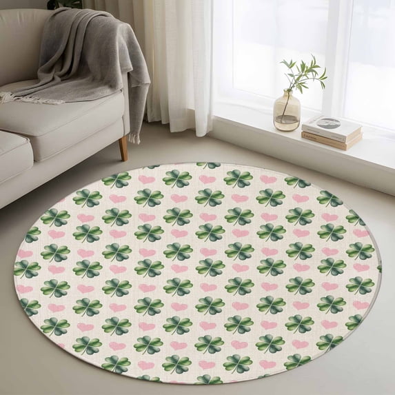 Round Rugs 4Ft, St. Patrick's Day Round Area Rug Washable Indoor Throw Carpet, Green Lucky Clovers Pink Love Heart Soft Non Slip Circle Rug for Kitchen Nursery Room Home Decor Aesthetic