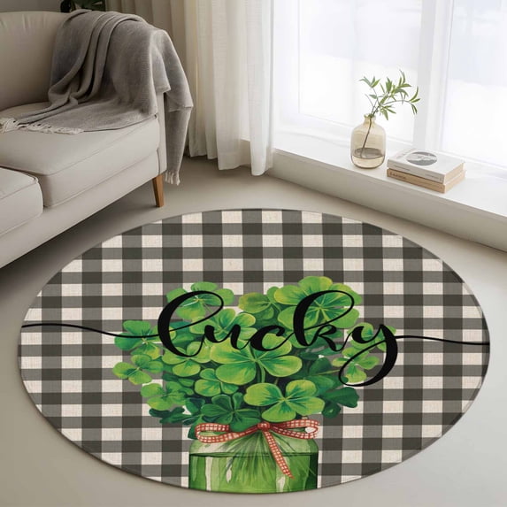 Round Rugs 4Ft, St. Patrick's Day Round Area Rug Washable Indoor Throw Carpet, Green Lucky S Black Plaid Rustic Soft Non Slip Circle Rug for Kitchen Nursery Room Home Decor Aesthetic