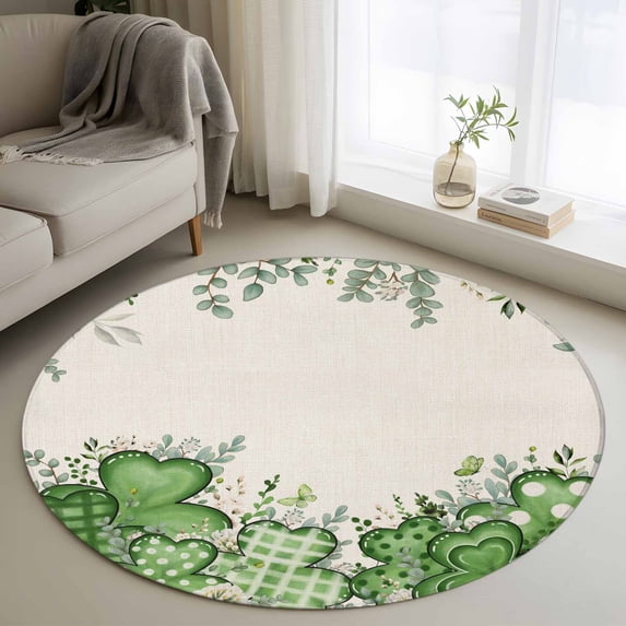 Round Rugs 4Ft, St. Patrick's Round Area Rug Washable Indoor Throw Carpet, Luck Shamrock Eucalyptus Leaves Flowers Beige Soft Non Slip Circle Rug for Kitchen Nursery Room Home Decor Aesthetic