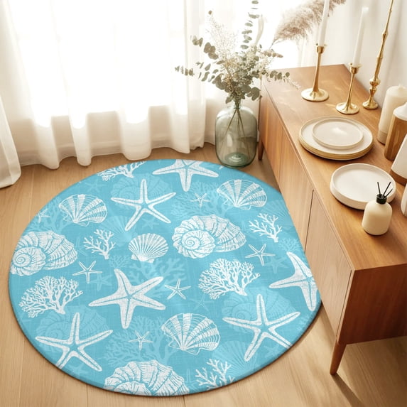 Round Rugs 4Ft, Starfish Aqua Blue Coastal Round Area Rug Washable Indoor Throw Carpet, Summer Nautical Shell Beach Soft Non Slip Circle Rug for Kitchen Nursery Room Home Decor Aesthetic