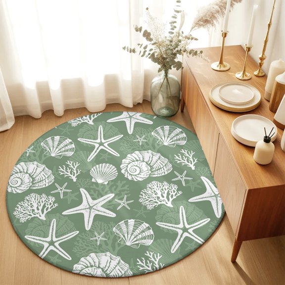 Round Rugs 4Ft, Starfish Sage Green Coastal Round Area Rug Washable Indoor Throw Carpet, Summer Nautical Shell Beach Soft Non Slip Circle Rug for Kitchen Nursery Room Home Decor Aesthetic