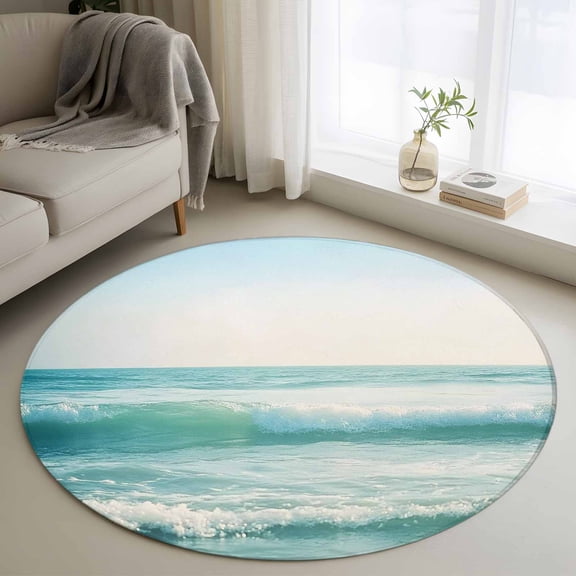 Round Rugs 4Ft, Summer Beach Round Area Rug Washable Indoor Throw Carpet, Coastal Ocean Horizon Landscape Soft Non Slip Circle Rug for Kitchen Nursery Room Home Decor Aesthetic