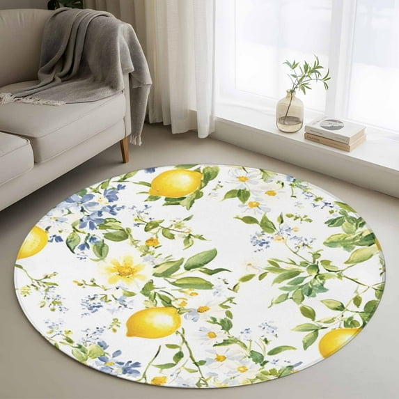 Round Rugs 4Ft, Summer Lemon Round Area Rug Washable Indoor Throw Carpet, Watercolor Yellow Spring Floral Botanical Soft Non Slip Circle Rug for Kitchen Nursery Room Home Decor Aesthetic