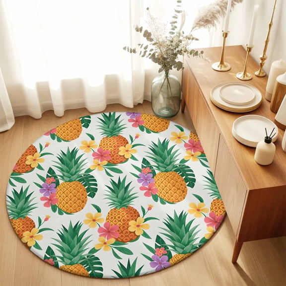 Round Rugs 4Ft, Summer Pineapple Round Area Rug Washable Indoor Throw Carpet, Tropical Fruit Flowers Palm Leaves Soft Non Slip Circle Rug for Kitchen Nursery Room Home Decor Aesthetic