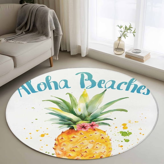 Round Rugs 4Ft, Summer Pineapple Round Area Rug Washable Indoor Throw Carpet, Watercolor Modern Art Tropical Fruit Soft Non Slip Circle Rug for Kitchen Nursery Room Home Decor Aesthetic