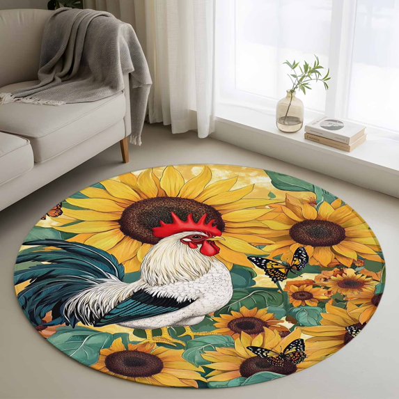 Round Rugs 4Ft, Sunflower Rooster Round Area Rug Washable Indoor Throw Carpet, Vintage Watercolor Summer Flower Soft Non Slip Circle Rug for Kitchen Nursery Room Home Decor Aesthetic