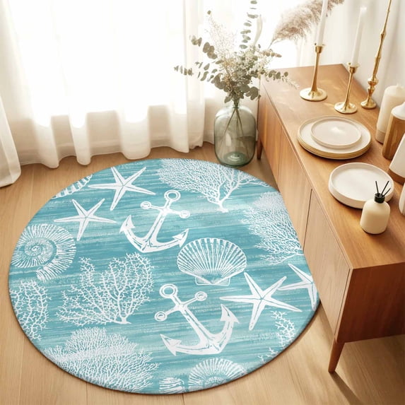 Round Rugs 4Ft, Teal Anchor Nautical Round Area Rug Washable Indoor Throw Carpet, Coastal Beach Coral Starfish Soft Non Slip Circle Rug for Kitchen Nursery Room Home Decor Aesthetic