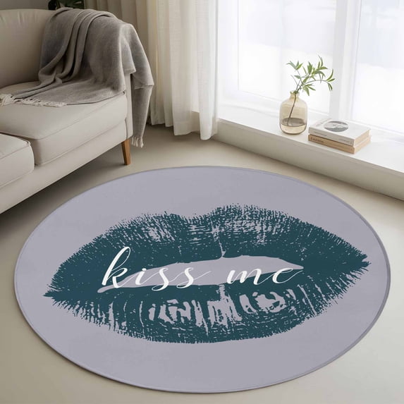 Round Rugs 4Ft, Teal Lip Round Area Rug Washable Indoor Throw Carpet, Kiss Love Grey Retro Art Soft Non Slip Circle Rug for Kitchen Nursery Room Home Decor Aesthetic