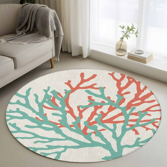 Round Rugs 4Ft, Teal Red Coral Round Area Rug Washable Indoor Throw Carpet, Summer Ocean Nautical Coastal Rustic Burlap Soft Non Slip Circle Rug for Kitchen Nursery Room Home Decor Aesthetic