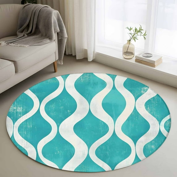 Round Rugs 4Ft, Teal Wave Round Area Rug Washable Indoor Throw Carpet, Modern Abstract Art Farmhouse Soft Non Slip Circle Rug for Kitchen Nursery Room Home Decor Aesthetic