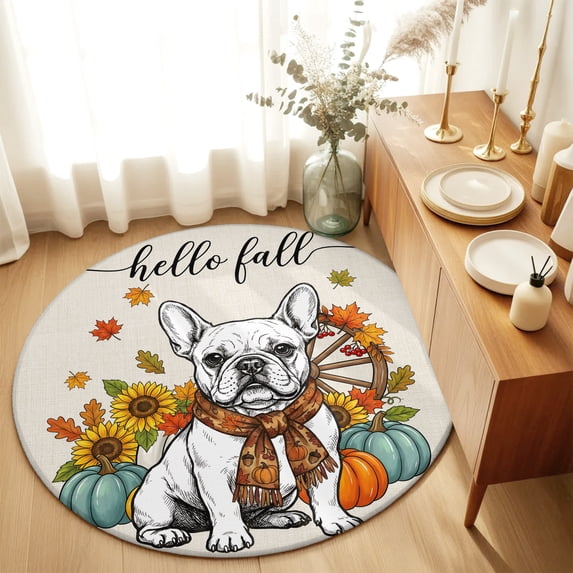 Round Rugs 4Ft, Thanksgiving Round Area Rug Washable Indoor Throw Carpet, Fall Dog Pumpkin Sunflowers Maple Leaves Soft Non Slip Circle Rug for Kitchen Nursery Room Home Decor Aesthetic