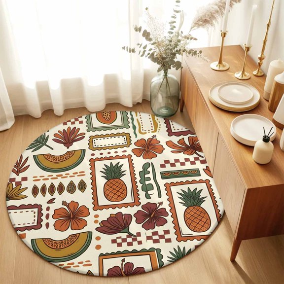 Round Rugs 4Ft, Tropical Plants Round Area Rug Washable Indoor Throw Carpet, Summer Fruits Pineapples Floral Cantaloupe Soft Non Slip Circle Rug for Kitchen Nursery Room Home Decor Aesthetic
