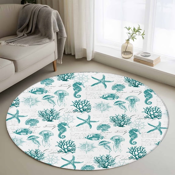 Round Rugs 4Ft, Turquoise Coastal Round Area Rug Washable Indoor Throw Carpet, Nautical Starfish Jellyfish Rudder Soft Non Slip Circle Rug for Kitchen Nursery Room Home Decor Aesthetic
