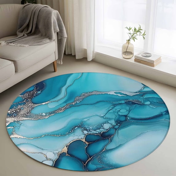 Round Rugs 4Ft, Turquoise Marble Round Area Rug Washable Indoor Throw Carpet, Teal Grey Modern Geometric Soft Non Slip Circle Rug for Kitchen Nursery Room Home Decor Aesthetic