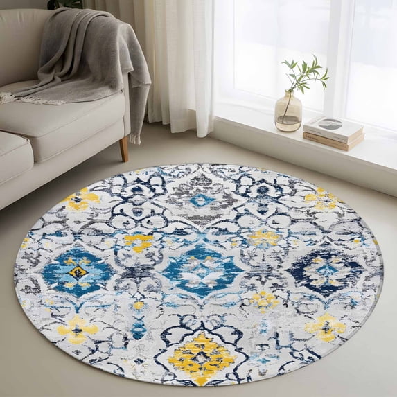 Round Rugs 4Ft, Vintage Ethnic Round Area Rug Washable Indoor Throw Carpet, Morocco Boho Farmhouse Abstract Texture Soft Non Slip Circle Rug for Kitchen Nursery Room Home Decor Aesthetic