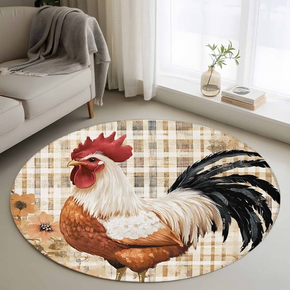 Round Rugs 4Ft, Vintage Rooster Round Area Rug Washable Indoor Throw Carpet, Spring Flower Farmhouse Animals Striped Soft Non Slip Circle Rug for Kitchen Nursery Room Home Decor Aesthetic