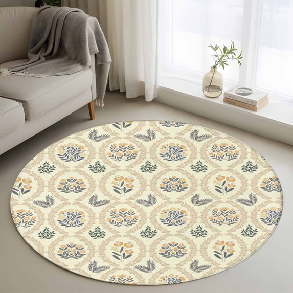 Round Rugs 4Ft, Yellow Flower Pattern Round Area Rug Washable Indoor Throw Carpet, Vintage Botanical Floral Simple Yellow Soft Non Slip Circle Rug for Kitchen Nursery Room Home Decor Aesthetic