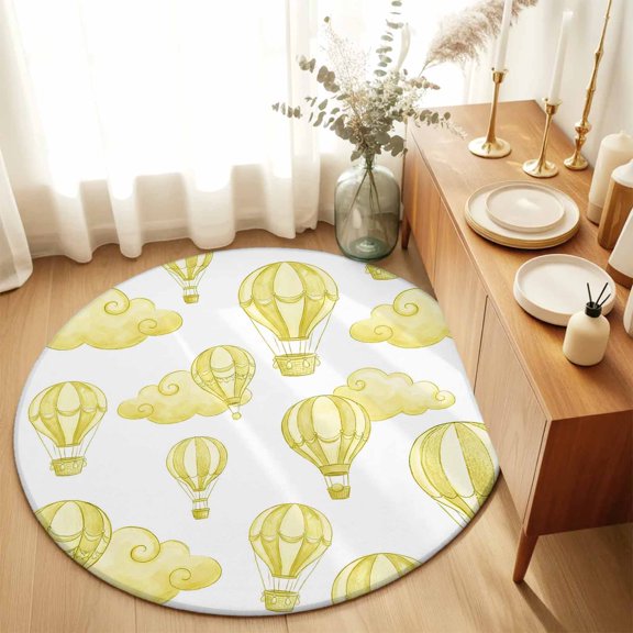 Round Rugs 4Ft, Yellow Hot Air Balloon Round Area Rug Washable Indoor Throw Carpet, Modern Balloon Float Clouds Soft Non Slip Circle Rug for Kitchen Nursery Room Home Decor Aesthetic