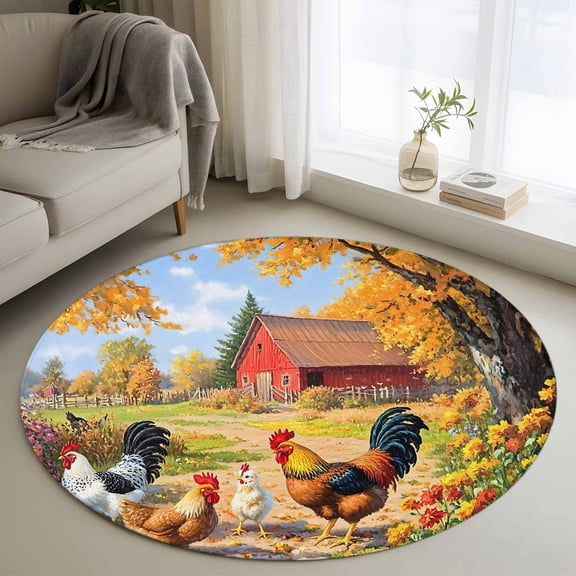 Round Rugs 4Ft, Yellow Retro Rooster Round Area Rug Washable Indoor Throw Carpet, Spring Floral Pastoral Animals Soft Non Slip Circle Rug for Kitchen Nursery Room Home Decor Aesthetic
