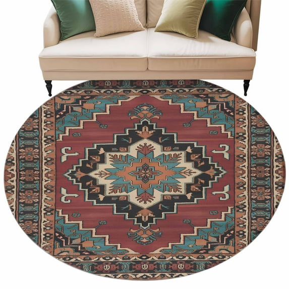 Round Rugs 5 Ft, Aztec Southwest Non Slip Area Rugs for Kitchen Bedroom Entryway, Red Brown Boho Chic Abstract Geometric Washable Carpet Runner Rug Floor Mats for Bedroom Home Decor