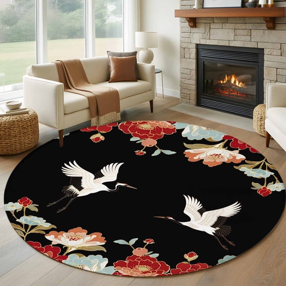 Round Rugs 5 Ft, Black Crane Non Slip Area Rugs for Kitchen Bedroom Entryway, Vintage Red Teal Spring Floral Botanical Washable Carpet Runner Rug Floor Mats for Bedroom Home Decor