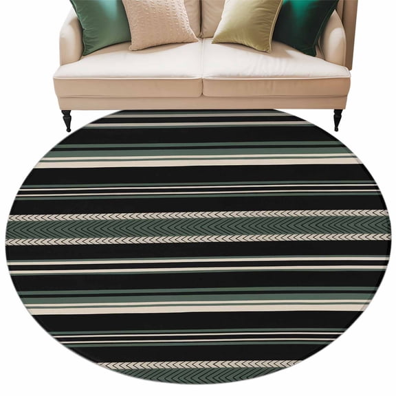 Round Rugs 5 Ft, Black Green Beige Non Slip Area Rugs for Kitchen Bedroom Entryway, Boho Farmhouse Vintage Abstract Striped Washable Carpet Runner Rug Floor Mats for Bedroom Home Decor