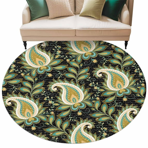 Round Rugs 5 Ft, Black Teal Boho Botanical Non Slip Area Rugs for Kitchen Bedroom Entryway, Southwestern Retro Ethnic Tribal Washable Carpet Runner Rug Floor Mats for Bedroom Home Decor