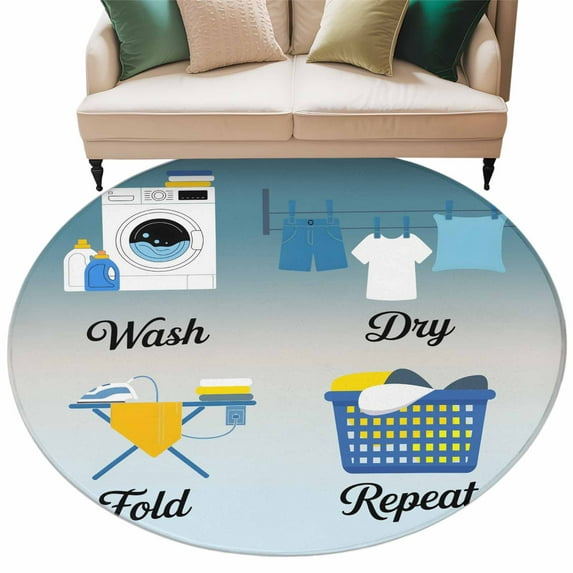 Round Rugs 5 Ft, Blue Ombre Laundry Non Slip Area Rugs for Kitchen Bedroom Entryway, Wash Dry Fold Repeat Washable Carpet Runner Rug Floor Mats for Bedroom Home Decor