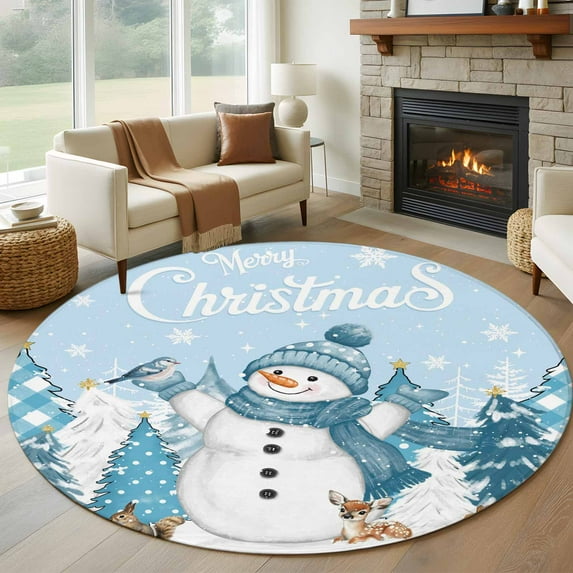 Round Rugs 5 Ft, Blue Snowman Christmas Non Slip Area Rugs for Kitchen Bedroom Entryway, Xmas Tree Snowflake Elk Winter Washable Carpet Runner Rug Floor Mats for Bedroom Home Decor