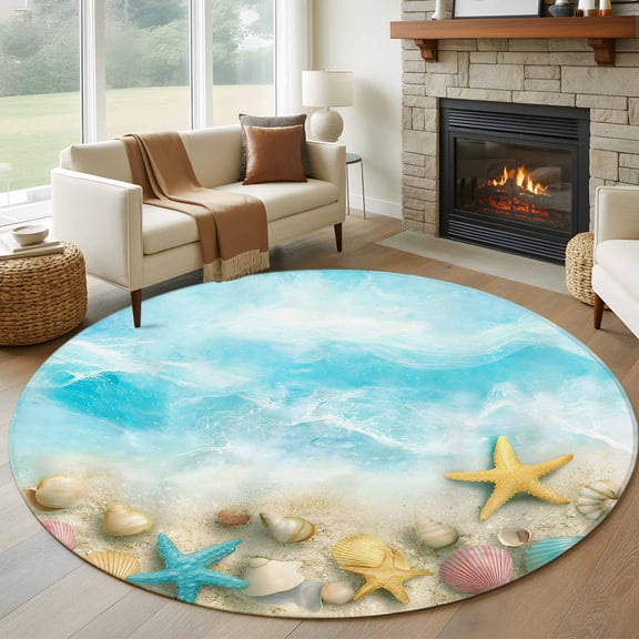 Round Rugs 5 Ft, Blue Summer Beach Non Slip Area Rugs for Kitchen Bedroom Entryway, Coastal Starfish Shell Washable Carpet Runner Rug Floor Mats for Bedroom Home Decor Nautical Waves