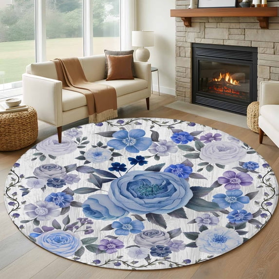 Round Rugs 5 Ft, Boho Blue Flower Non Slip Area Rugs for Kitchen Bedroom Entryway, Spring Watercolor Country Floral Plant Washable Carpet Runner Rug Floor Mats for Bedroom Home Decor