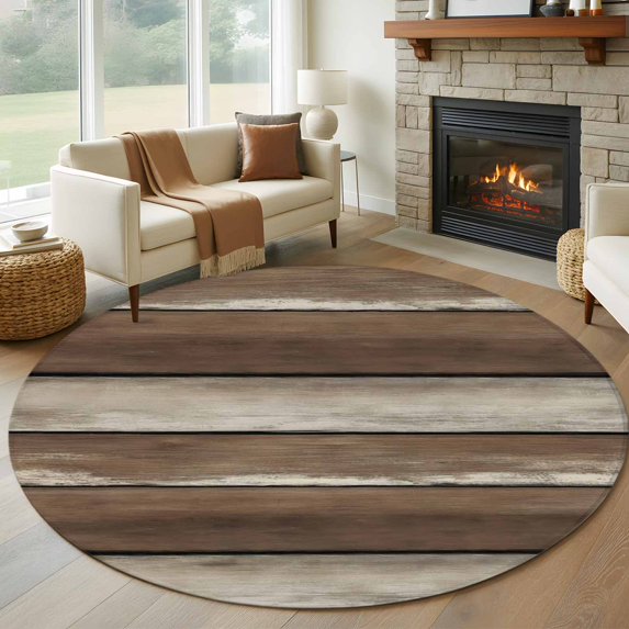 Round Rugs 5 Ft, Brown Beige Wooden Non Slip Area Rugs for Kitchen Bedroom Entryway, Vintage Farmhouse Retro Art Washable Carpet Runner Rug Floor Mats for Bedroom Home Decor