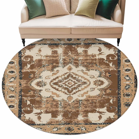 Round Rugs 5 Ft, Brown Boho Non Slip Area Rugs for Kitchen Bedroom Entryway, Retro Western Rustic Ethnic Tribal Patterns Washable Carpet Runner Rug Floor Mats for Bedroom Home Decor