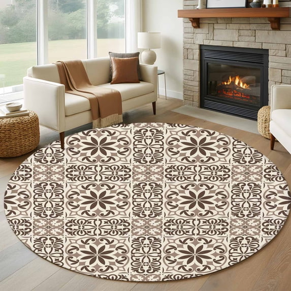 Round Rugs 5 Ft, Brown Flowers Non Slip Area Rugs for Kitchen Bedroom Entryway, Vintage Country Abstract Floral Patterned Washable Carpet Runner Rug Floor Mats for Bedroom Home Decor