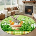 thumbnail image 1 of Round Rugs 5 Ft, Easter Bunny Non Slip Area Rugs for Kitchen Bedroom Entryway, Spring Green Garden Floral Botanical Plaid Washable Carpet Runner Rug Floor Mats for Bedroom Home Decor, 1 of 8