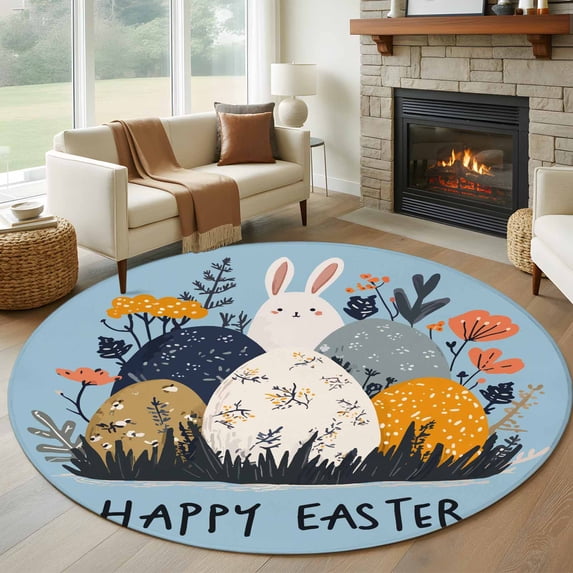 Round Rugs 5 Ft, Easter Eggs Non Slip Area Rugs for Kitchen Bedroom Entryway, Rabbit Spring Botanical Wildflowers Bunny Blue Washable Carpet Runner Rug Floor Mats for Bedroom Home Decor