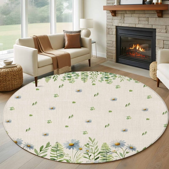 Round Rugs 5 Ft, Farmhouse Botancial Non Slip Area Rugs for Kitchen Bedroom Entryway, Pastoral Daisy Leaves Rustic Burlap Washable Carpet Runner Rug Floor Mats for Bedroom Home Decor