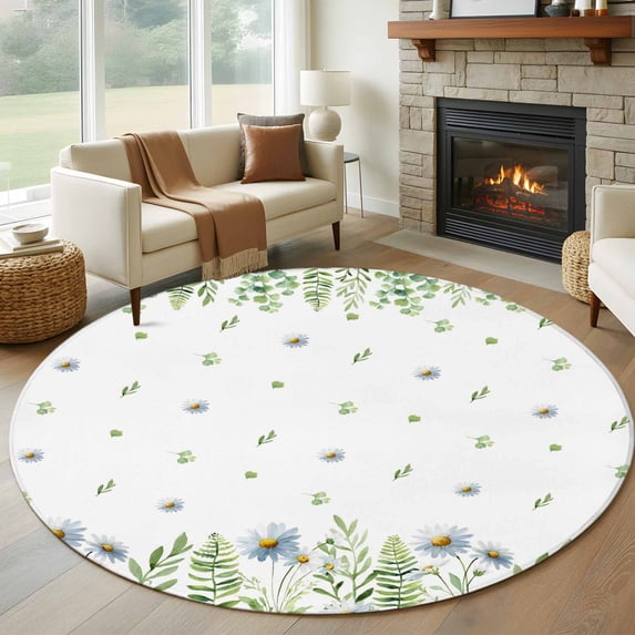 Round Rugs 5 Ft, Farmhouse Botancial Non Slip Area Rugs for Kitchen Bedroom Entryway, Pastoral Daisy Leaves Watercolor Washable Carpet Runner Rug Floor Mats for Bedroom Home Decor