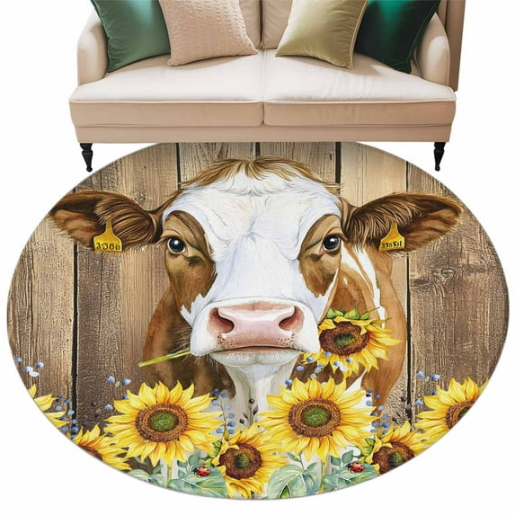 Round Rugs 5 Ft, Farmhouse Cow Non Slip Area Rugs for Kitchen Bedroom Entryway, Vintage Country Sunflower Brown Wood Washable Carpet Runner Rug Floor Mats for Bedroom Home Decor