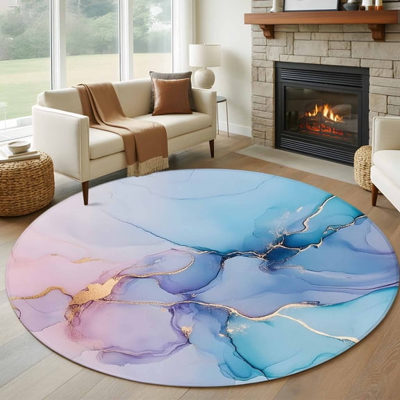 Round Rugs 5 Ft, Marble Pink Blue Purple Non Slip Area Rugs for Kitchen Bedroom Entryway, Modern Abstract Art Ink Painting Washable Carpet Runner Rug Floor Mats for Bedroom Home Decor
