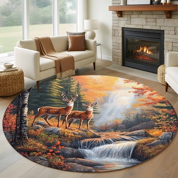 Round Rugs 5 Ft, Orange Botanical Elk Non Slip Area Rugs for Kitchen Bedroom Entryway, Farmhouse Deer River Washable Carpet Runner Rug Floor Mats for Bedroom Home Decor