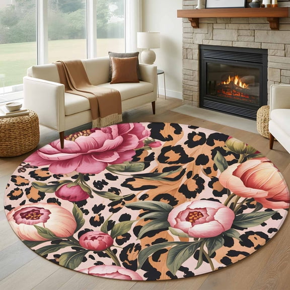 Round Rugs 5 Ft, Pink Flowers Non Slip Area Rugs for Kitchen Bedroom Entryway, Leopard Spot Vintage Floral Country Plants Washable Carpet Runner Rug Floor Mats for Bedroom Home Decor