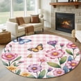 thumbnail image 1 of Round Rugs 5 Ft, Pink Flowers Non Slip Area Rugs for Kitchen Bedroom Entryway, Spring Floral Butterfly Leaves Plants Rustic Plaid Washable Carpet Runner Rug Floor Mats for Bedroom Home Decor, 1 of 8