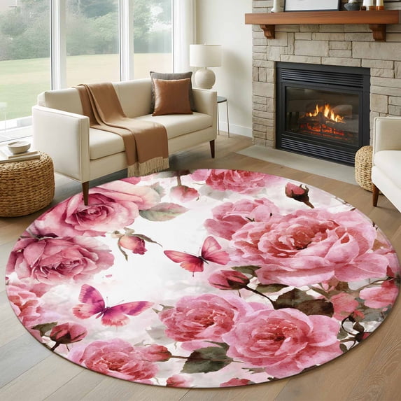 Round Rugs 5 Ft, Pink Roses Non Slip Area Rugs for Kitchen Bedroom Entryway, Spring Floral Elegant Pastoral Butterfly Washable Carpet Runner Rug Floor Mats for Bedroom Home Decor