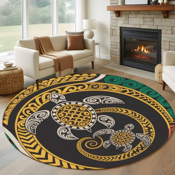 Round Rugs 5 Ft, Polynesia Texture Non Slip Area Rugs for Kitchen Bedroom Entryway, Traditional Tribe Sea Turtle Abstract Art Washable Carpet Runner Rug Floor Mats for Bedroom Home Decor