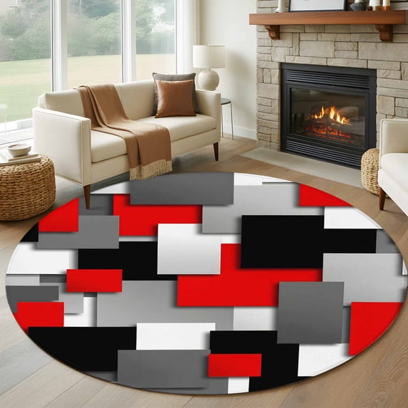 Round Rugs 5 Ft, Red Black Geometric Non Slip Area Rugs for Kitchen Bedroom Entryway, Modern Abstract Art Block Washable Carpet Runner Rug Floor Mats for Bedroom Home Decor