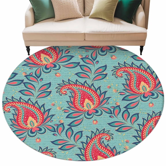 Round Rugs 5 Ft, Red Teal Boho Botanical Non Slip Area Rugs for Kitchen Bedroom Entryway, Southwestern Retro Ethnic Tribal Washable Carpet Runner Rug Floor Mats for Bedroom Home Decor