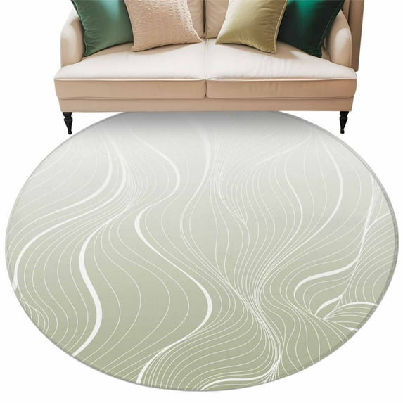 Round Rugs 5 Ft, Sage Green Geometric Non Slip Area Rugs for Kitchen Bedroom Entryway, Modern White Stripe Distortion Art Washable Carpet Runner Rug Floor Mats for Bedroom Home Decor