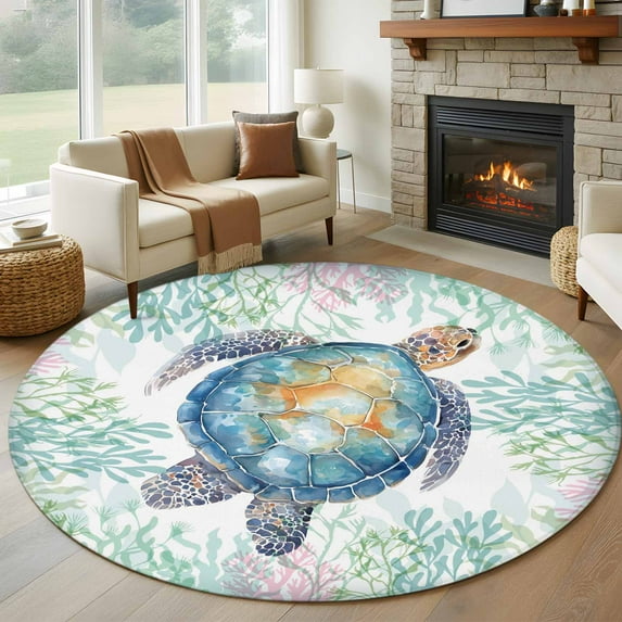 Round Rugs 5 Ft, Sea Turtle Coastal Non Slip Area Rugs for Kitchen Bedroom Entryway, Blue Green Washable Carpet Runner Rug Floor Mats for Bedroom Home Decor Summer Beach Coral