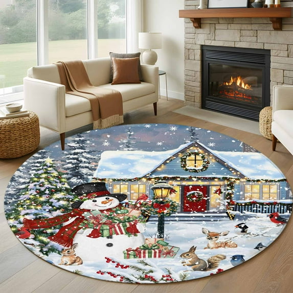 Round Rugs 5 Ft, Snowman Christmas Non Slip Area Rugs for Kitchen Bedroom Entryway, Xmas Tree Gifts Snowflake Winter Washable Carpet Runner Rug Floor Mats for Bedroom Home Decor